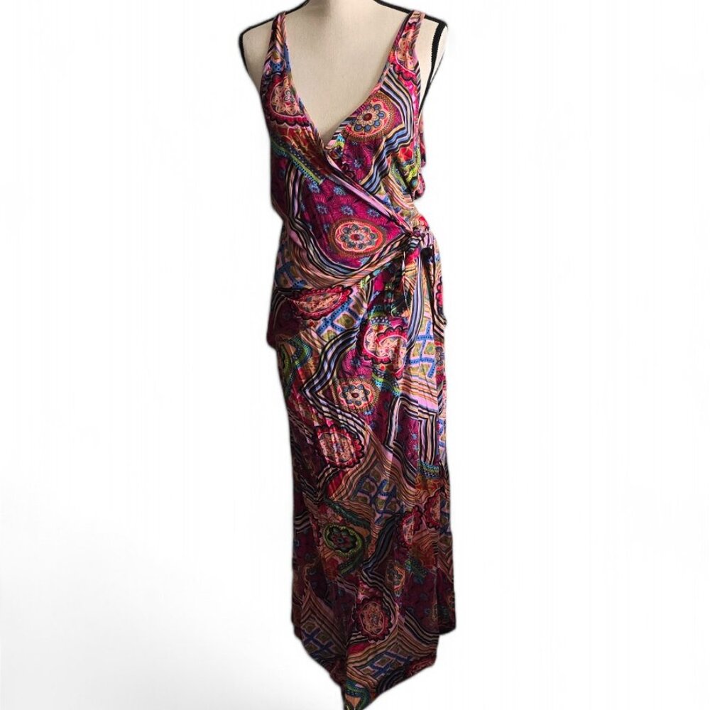 Cross-tie Plunging Wrap Front Boho Multicolor Printed Maxi Dress